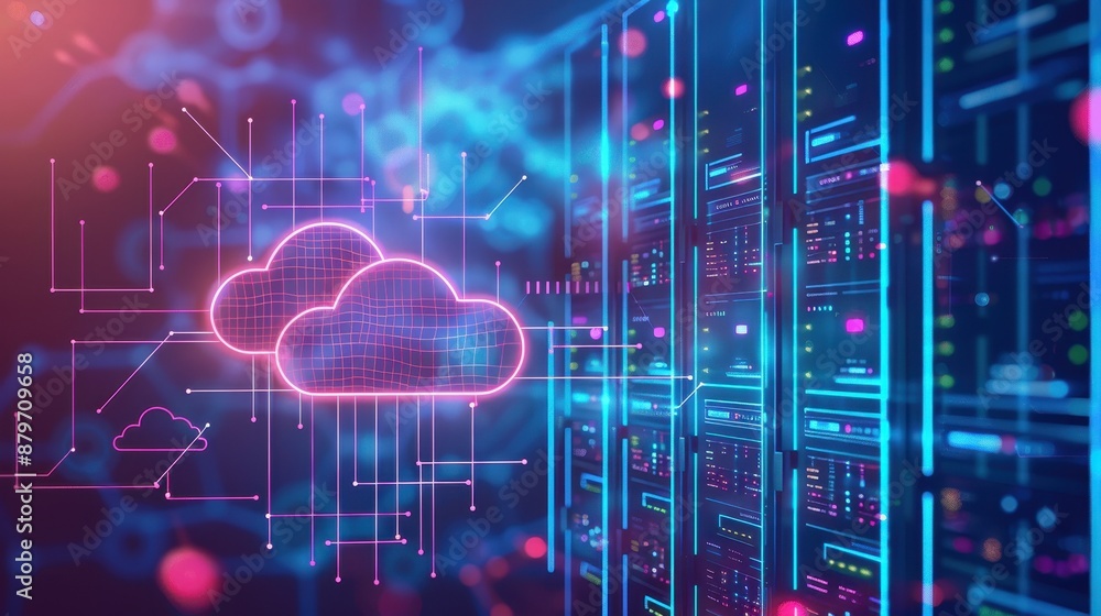 Aufkleber a vibrant digital scene illustrating cloud computing with neon cloud icons and server rigs, highligh