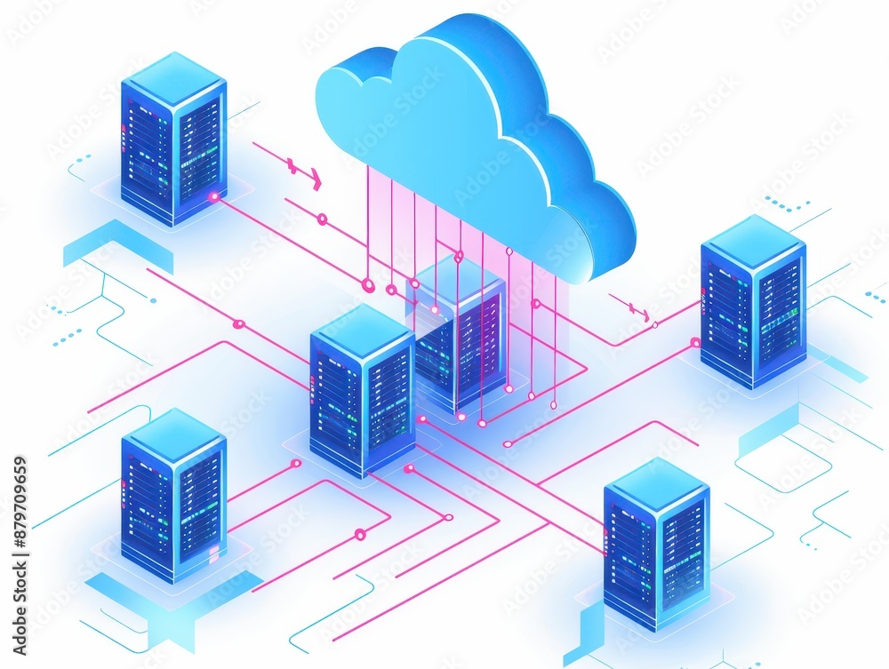Poster a vibrant illustration of cloud computing technology showcasing digital data exchange between server