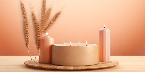 wheat and candles on a wooden table with a pink background in a minimalist style, evokes a sense of peace and tranquility.