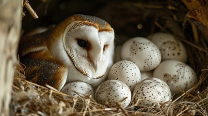 Barn owl nest featuring pristine white eggs in a natural forest setting