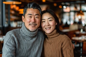 Portrait of a happy asian couple in their 30s wearing a classic turtleneck sweater in front of bustling city cafe