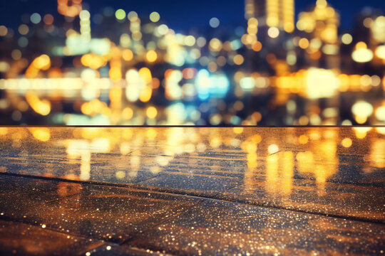 Abstract blurry background with bright bokeh lights and shiny reflective surface in warm golden colors, ideal for showcasing products or services with a luxurious or elegant feel.