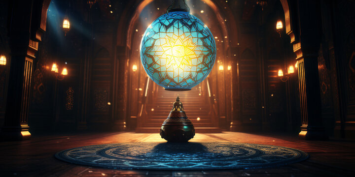 Mystical glowing blue green orb in ornate middle eastern style palace with intricate patterns and soft lighting