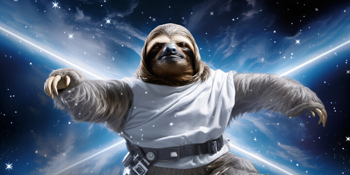 A sloth dressed as Luke Skywalker from Star Wars, with a lightsaber, in a dynamic pose, against a starry blue background.