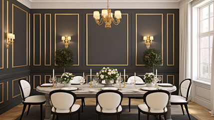 Black and gold luxury dinning room with white flowers centerpiece