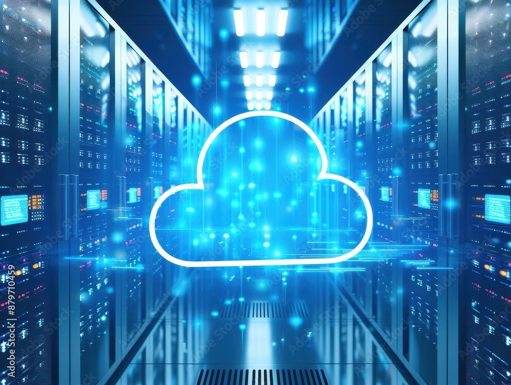 Poster blue illuminated cloud icon surrounded by digital sparks in a modern data center hallway, representi