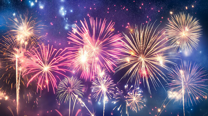 Wonderful vivid fireworks exploding on background of black night sky	