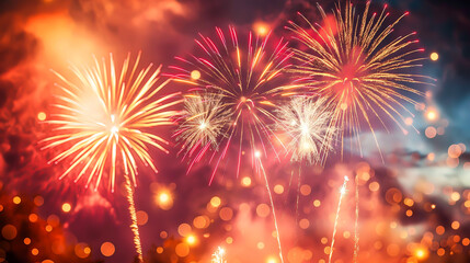 Fototapeta premium Wonderful vivid fireworks exploding on background of black night sky 