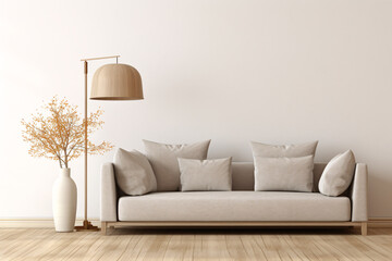 Warm and inviting living room with a comfortable couch, stylish lamp, and decorative vase.