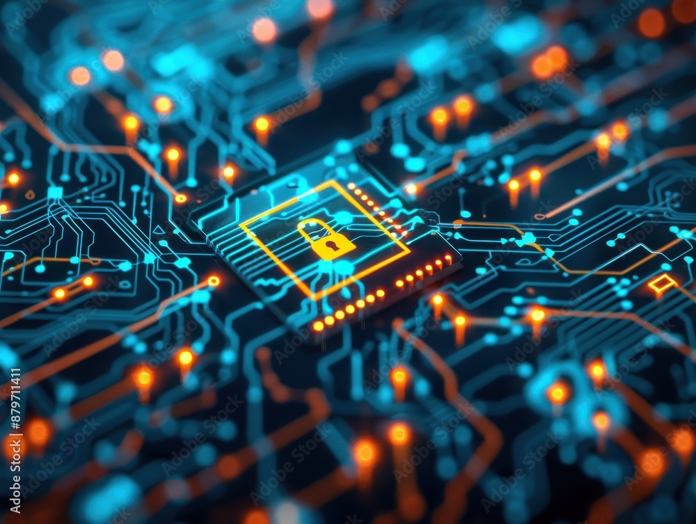 Leinwandbilder close-up view of a microchip on a circuit board with glowing blue and orange lines, representing tec