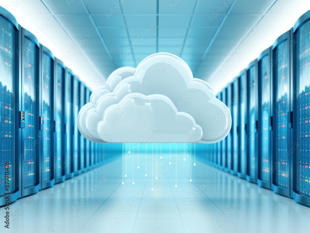 Aufkleber Cloud computing technology in a data center with server racks. Futuristic digital innovation and storage solution concept.