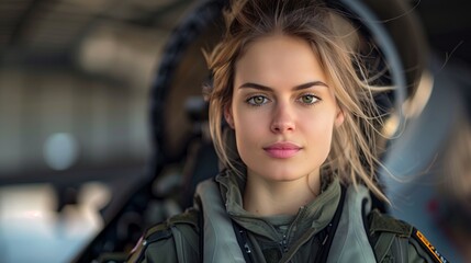 Confident Female Fighter Pilot Portrait In Military Flight Suit, Windy Hair In Hangar With Jet Cockpit Background, Expressive Green Eyes Reflecting Determination And Strength, Aviation Career Concept