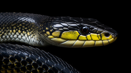 Closeup of a black and yellow rat snake with hypnotic eyes and shiny scales slithering in the darkness