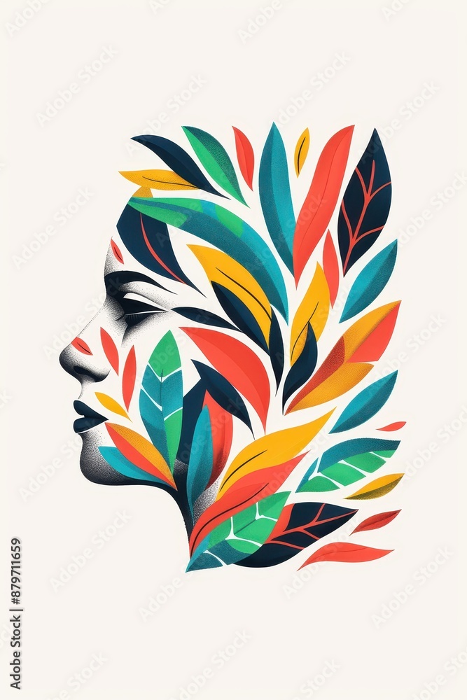 Poster colorful abstract illustration of a woman's profile with overlapping leaves and vibrant colors, crea