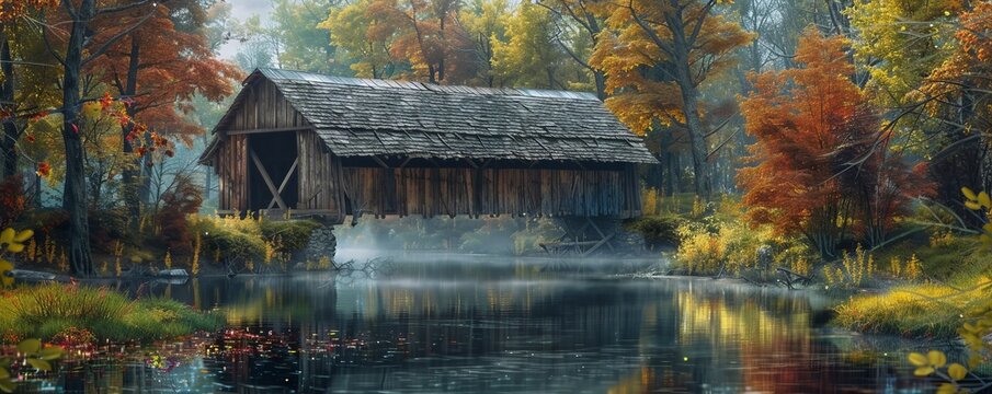 Rustic covered bridge spanning a tranquil river, 4K hyperrealistic photo
