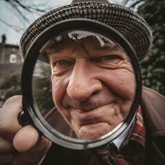 A man looks through a magnifying glass, intrigued expression.
