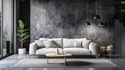 Scandinavian living room interior design with white sofa, gray concrete wall, wooden coffee table, green plant, and black lamp.