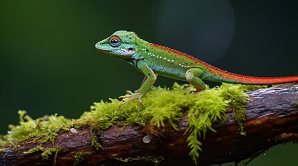 Fototapeta premium A bright green lizard with red tail perches on a branch covered with vibrant green moss against a blurred background of lush foliage, exemplifying the beauty and diversity of nature's wonders.
