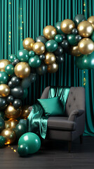 Emerald and gold balloons form an arch, festive and elegant.
