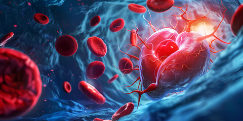 Vivid Representation of Circulatory System - Red Blood Cells and Heartbeat in Detailed View
