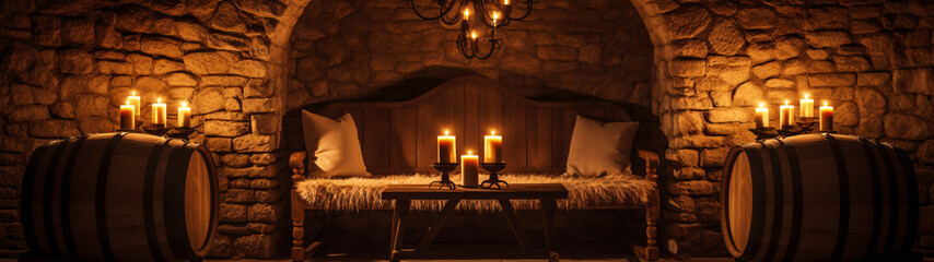 Cozy wine cellar with lit candles.