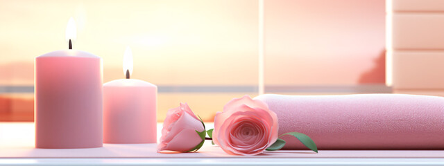 Pink candles and roses, peaceful scene.