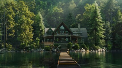 Obraz premium Beautiful Lakefront Cabin Amidst Lush Woodland Scenery