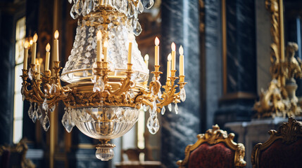 Ornate golden chandelier with crystal glass droplets hanging from a luxurious ceiling in a royal palace