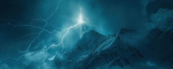 Bright lightning strike near a tall mountain peak, Lightning and sky, Highaltitude electric force