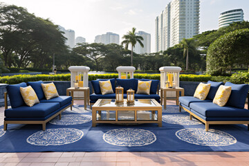 Blue and yellow outdoor furniture on a blue patterned rug with greenery and a cityscape in the background, ideal for relaxing and enjoying the outdoors in style.