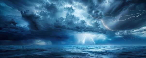 Fototapeta premium Dramatic lightning striking over a stormy ocean with dark clouds, Lightning and sky, Intense natural phenomena