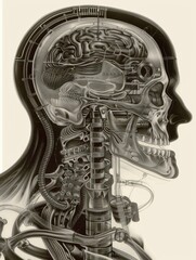 Detailed anatomical illustration of human head and brain showcasing internal structures. Ideal for medical and educational purposes.