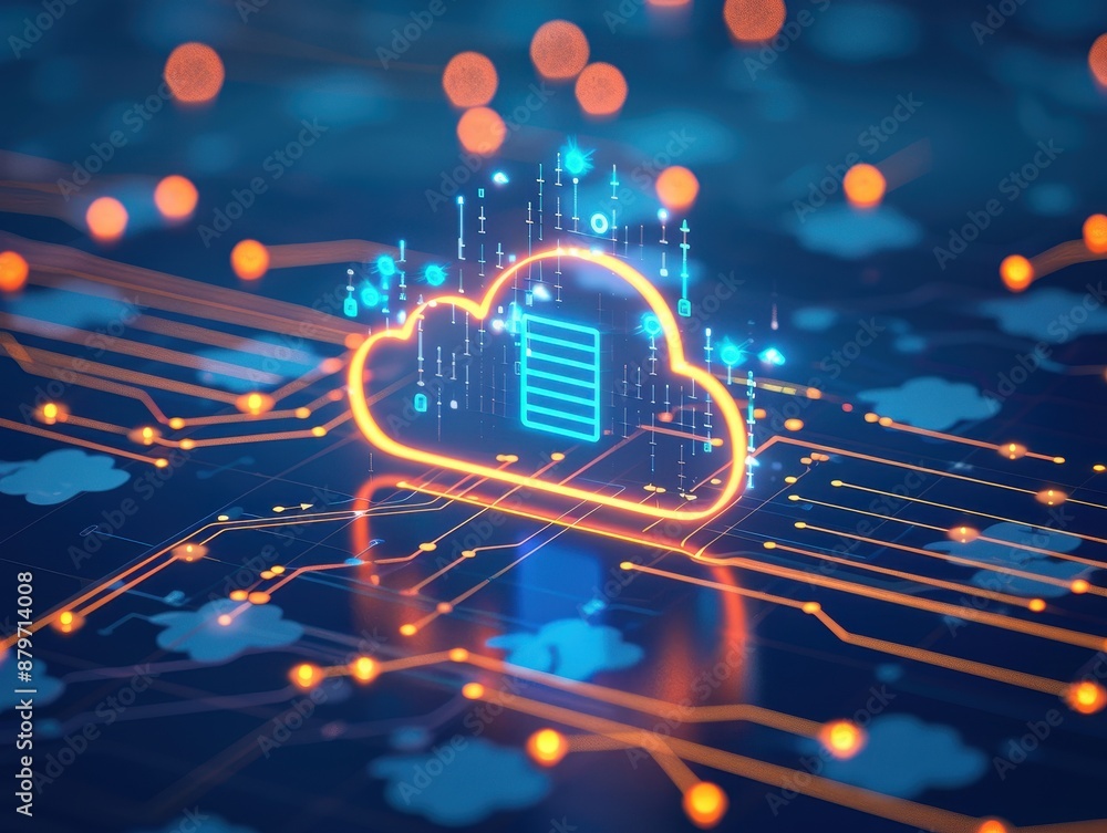 Aufkleber Digital cloud network concept with data storage and glowing connection lines, representing modern computing infrastructure and cloud technology.