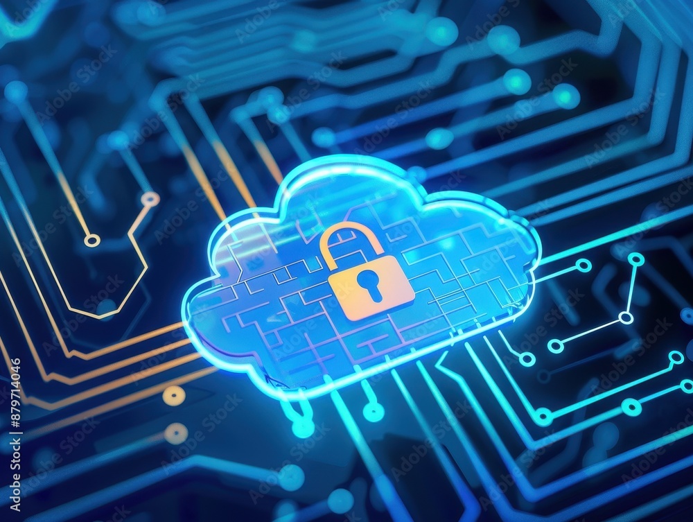 Fototapete Digital cloud security with a padlock icon on a circuit board background, representing data protection and cybersecurity in cloud computing.
