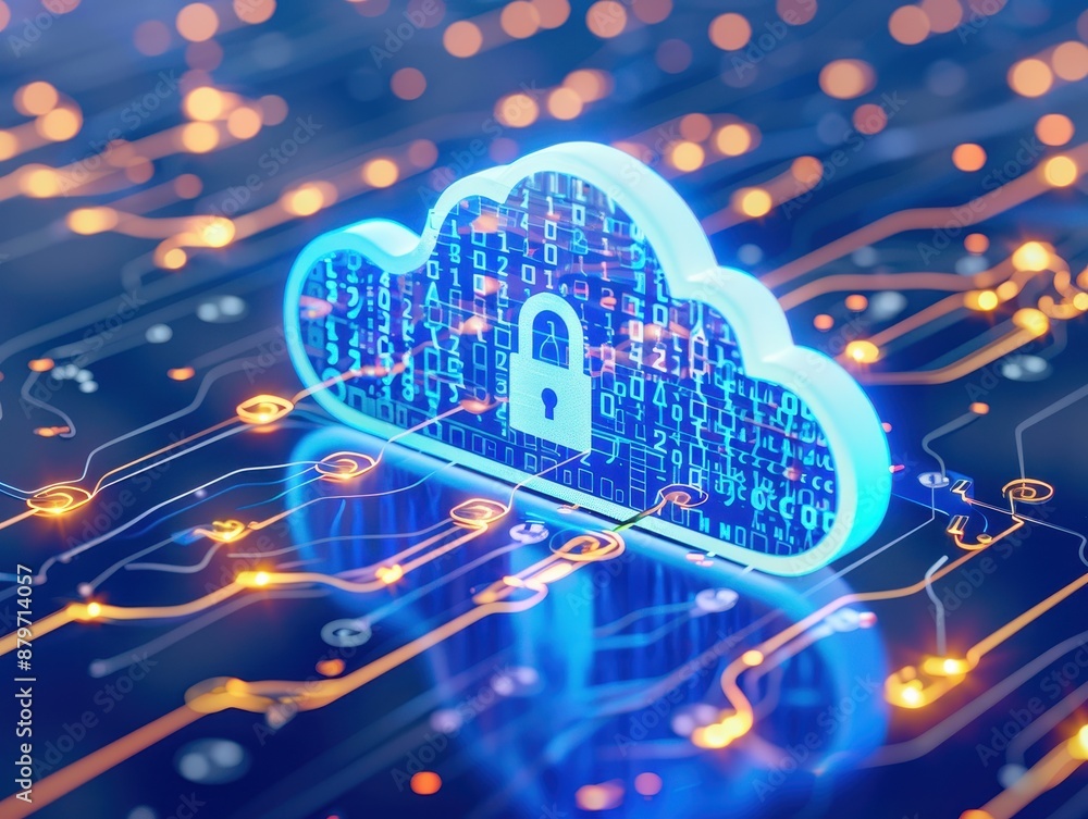 Aufkleber Digital cloud icon with a lock symbolizing data security and information privacy on a glowing circuit board background.