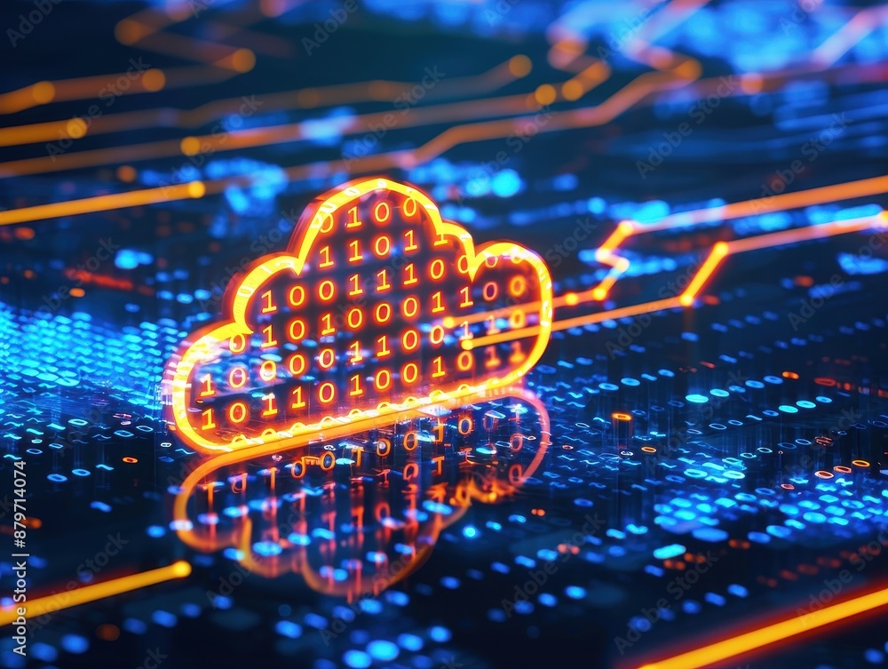 Leinwandbilder digital cloud with binary code on a glowing circuit board, representing cloud computing, technology,