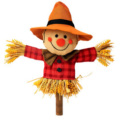 Smiling scarecrow with a red and black plaid shirt and a straw hat.