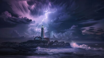 Lightning in a night sky over a lonely lighthouse, Lightning and sky, Guiding light amidst the storm