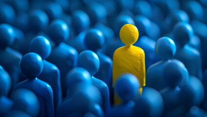 Stand Out from the Crowd - Yellow Figure Amidst Blue Group - Unique and Different, Individuality Concept