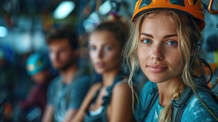 A blonde woman with blue eyes, wearing climbing gear including a helmet and harness, waits with her friends in the background, ready for an adventurous climb.