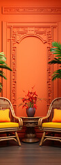 Orange walls, wicker chairs, peaceful scene.