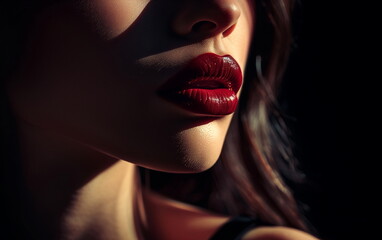 Close-Up of Woman's Face with Red Lips in Dramatic Lighting, Shadowed Artistic Portrait, Sensual Expression, Beauty Photography, Low Light Female Silhouette