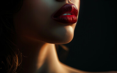 Glamorous Close-Up Woman's Lips Wearing Bold Red Lipstick Against Dark Background - Beauty, Seduction, Elegance, and Sophistication