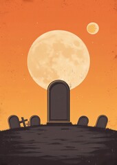 Naklejka premium Eerie graveyard at dusk with full moon and tombstones, perfect for spooky Halloween themes or dark, Gothic designs.