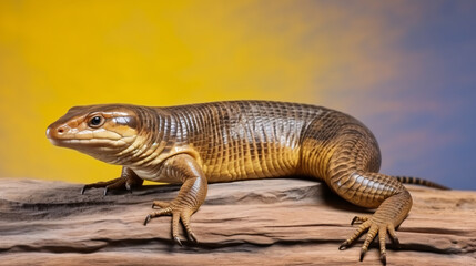 Obraz premium A close up of a lizard on a branch with a gradient yellow and blue background