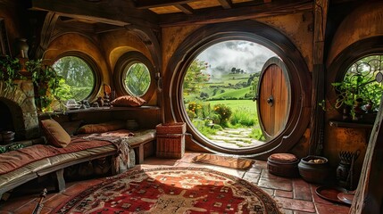 Hobbit Architecture. AI generated art illustration.