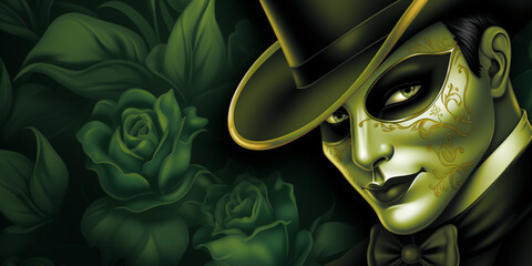 Mysterious figure, masked, amidst dark roses.
