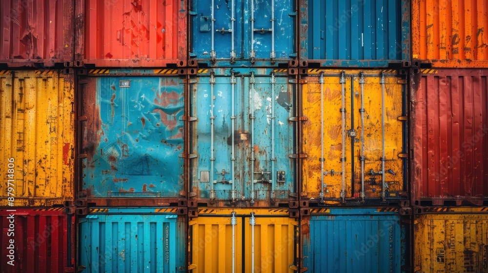 Poster a vibrant image capturing assorted colorful shipping containers stacked neatly in a yard, suggesting