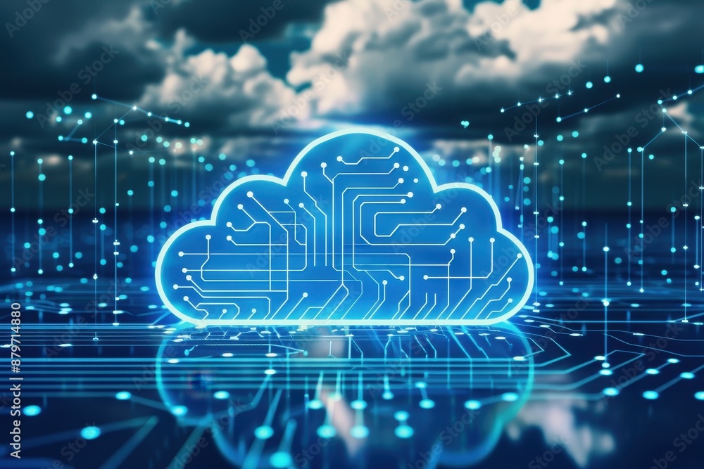 Aufkleber Futuristic digital cloud computing concept showcasing interconnected circuits, representing tech innovation and data storage solutions.