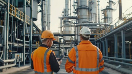 Engineers at an industrial site inspecting automated processes, machine learning analytics on portable devices, innovative infrastructure